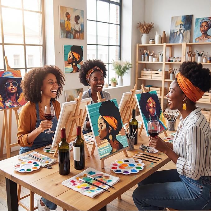 Cholemy 36 Pcs Paint and Sip Kit for Adults 8''x10'' Pre Drawn Canvas for Painting DIY Afro Acrylic Painting Kit Wood Easel Brushes Date Night Bulk for Father's Day Party Gifts(African Women)