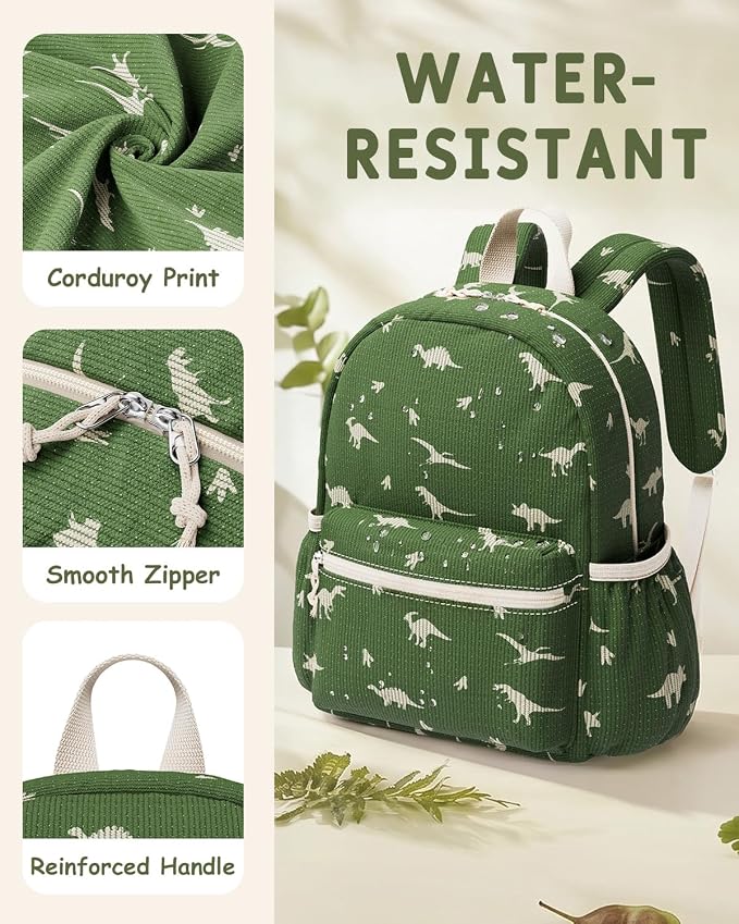 Corduroy Kids Backpack for Boys Girls Ages 5-8 | 15 Inch Water-Resistant Lightweight School Bookbag for kindergarten and Elementary, 1st-3rd grade(Large,Green Dinosaur)