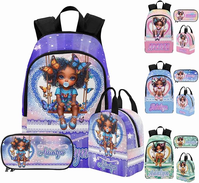M YESCUSTOM Custom Girls Backpack Lunch Bag Set with Name, Purple Butterfly Personalized Kids Backpack for Girls School Travel Kindergarten Bookbag Pencil Pouch