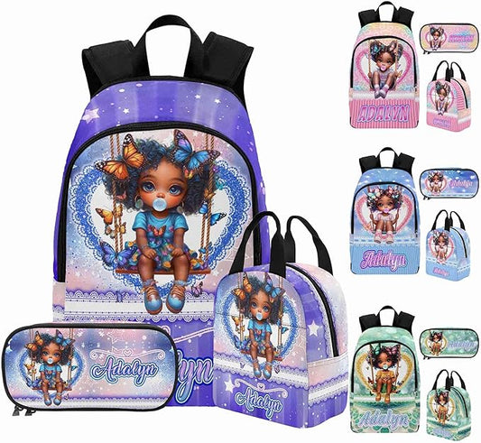 M YESCUSTOM Custom Girls Backpack Lunch Bag Set with Name, Purple Butterfly Personalized Kids Backpack for Girls School Travel Kindergarten Bookbag Pencil Pouch
