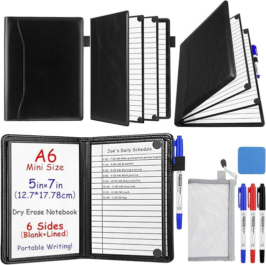 Feifeiya 6 Sides Dry Erase Notebook Portable Whiteboards Notebook Small Reusable College Ruled Lined Board Folding Mini Travel Dry Erase White Board for Office Study(Black,A6: 5 x 7 Inches)