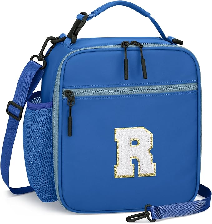 Initial Insulated Lunch Bag for Boys Kids, Back to School Gift, Reusable Leak-proof Lunch Box with Adjustable Strap for School Daycare Travel Picnic（Blue，R）