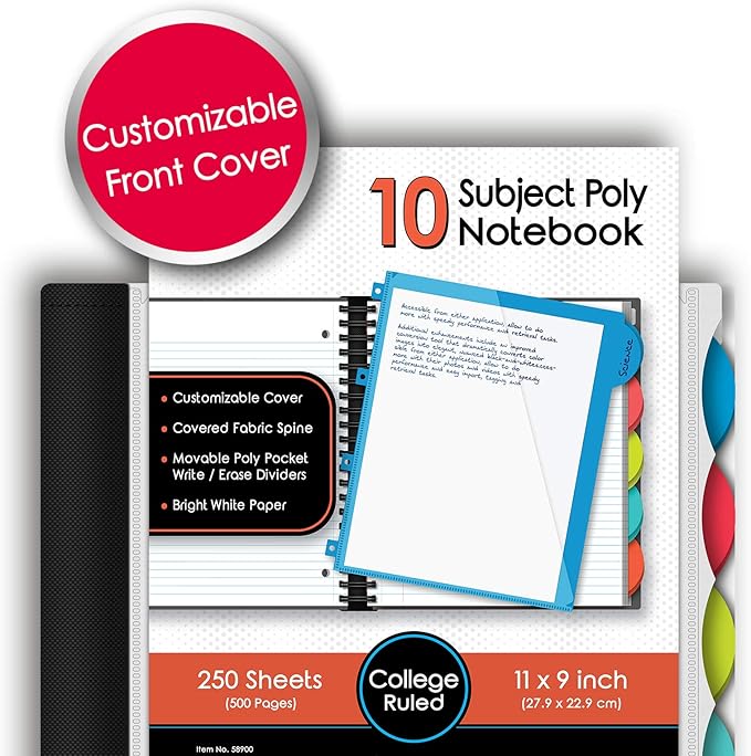 IQ+ iScholar Poly Cover 10 Subject Notebook, College Ruled, 11 x 8.5 Inch, 250 Sheets, Black (58900-BK)