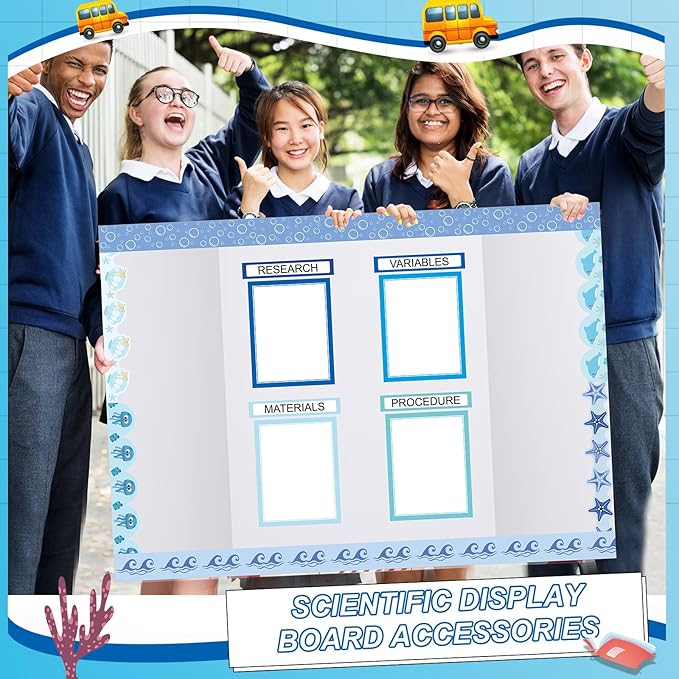 Fuyoooo 90 Pcs Science Fair Board Supplies 60 Trim Scalloped Bulletin Borders 24 Presentation Board Subtitles 6 Science Fair Titles for Classroom Display Boards (Ocean)