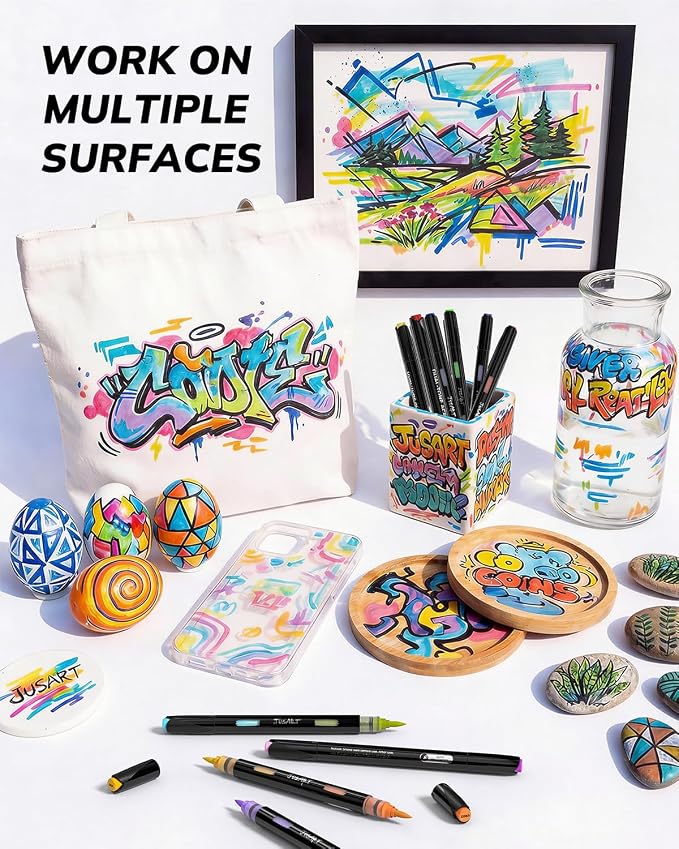 JusArt Acrylic Paint Markers 72 Colors, 36 Dual-Tip Brush Markers, No Bleed