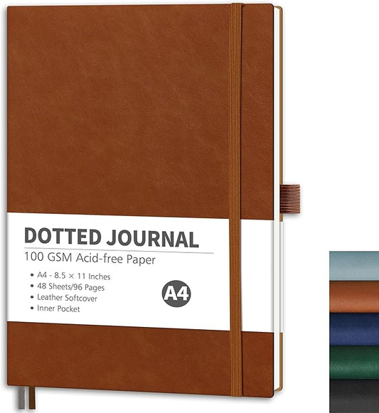 RETTACY Dotted Journal Notebook, 96 Pages, A4 Large Size (8.5'' x 11''), Leather Softcover, 100 GSM Thick Paper, for Journaling, Planning, Tracking (Brown)