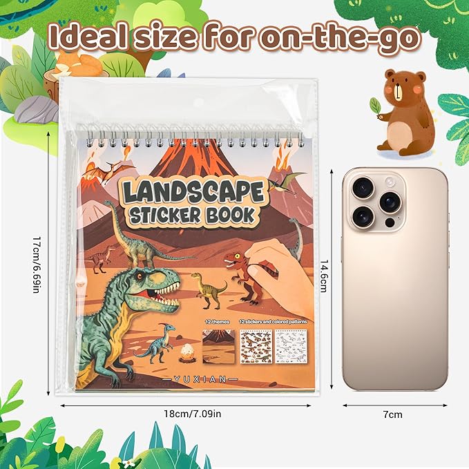 Dinosaur Sticker Book for Toddlers 2-4 Years Sticker Activity Book for Kids with 12 Scenes & 12 Coloring Pages Toddler Travel Essential Quiet Time Activities