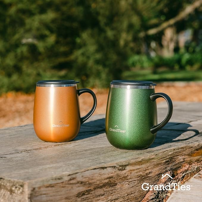 GRANDTIES Insulated Coffee Mug with Handle - Sliding Lid for Splash-Proof 16oz Wine-Glass Shape Thermal Tumbler with Double Walled Vacuum Stainless Steel to Keeps Beverages Hot or Cold-Green Metallic