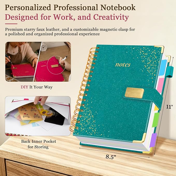 Spiral Notebook Journal 8.5''x 11'' 5 Subject Notebook with Dividers, 300 Pages Notebook College Ruled with Magnetic Closure, A4 Tabbed Notebooks for Work School, Sparkle Journal for Women (Cyan)