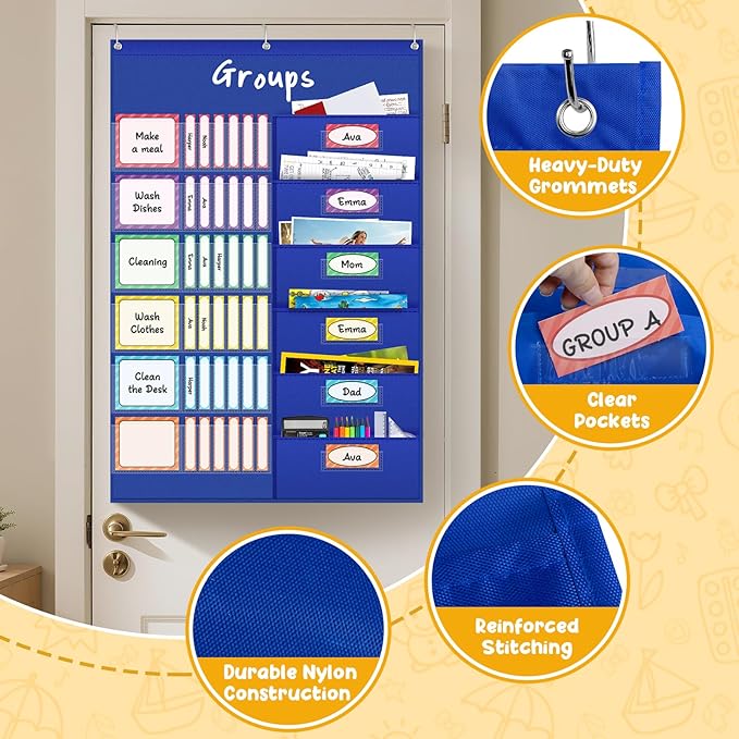 AKAYOK Small Group Pocket Chart with 84 Colorful Dry Erase Cards, Classroom Jobs Chart with 6 Pocket Wall Hanging File Folder, Pocket Chart for Classroom,Office,Home, Small Group Classroom Must Haves