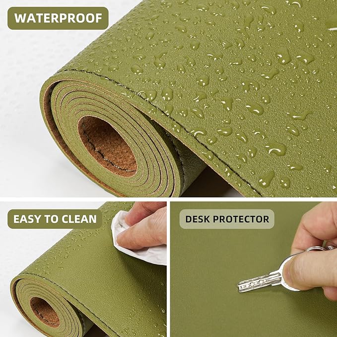 AFIING Cork Desk Mat 35.4" x 17", Dual-Sided Natural Cork & PU Leather Desk Pad, Non-Slip Waterproof Large Mouse Pad for Office, Home & Gaming (Olive Green)