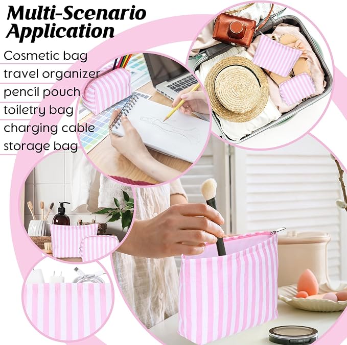 Huhumy 2 Pcs Makeup Bag Set for Women, Pink, Wide Striped Seersucker | Cute Cosmetic Pouch Women Travel Toiletry Bag Preppy Small Makeup Purse Pouch Aesthetic Skincare Brushes Storage Organizer