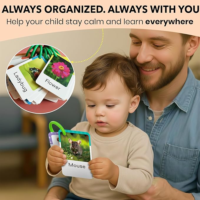QUOKKA 225 Toddler Flash Cards with Rings – Realistic Learning Cards for Ages 1–3 – Alphabet, First Words, Animals etc – Portable Montessori Flashcards for Car Rides, Stroller Walks, Shopping &Travel