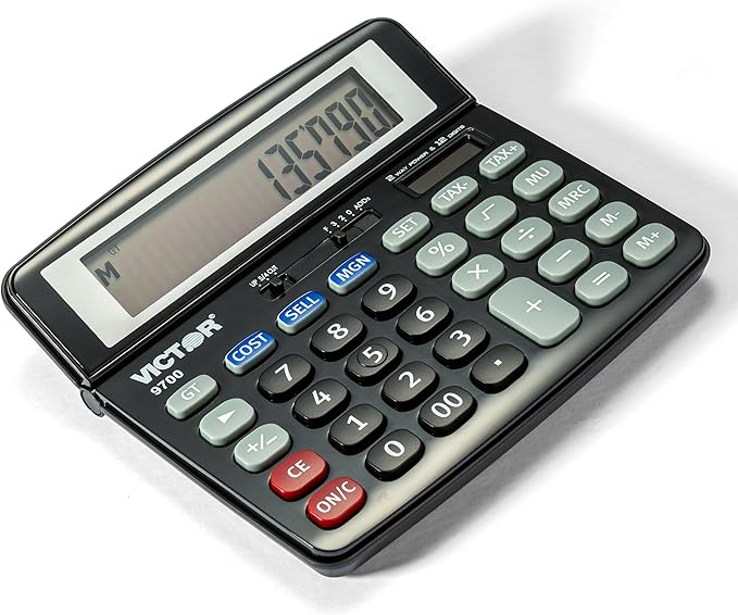 Victor 9700 12-Digit Standard Function Business Calculator, Battery and Solar Hybrid Powered Tilt LCD Display, Great for Home and Office Use, Black