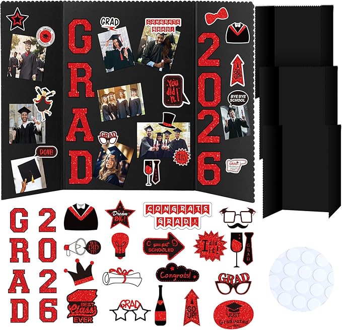 MiniInflat 4 Set 2026 Graduation Picture Trifold Poster Board Double-Sided Foldable Photo Display Board Graduation Decoration for Class of 2026 High School College DIY Craft(Red,24 x 16 Inches)