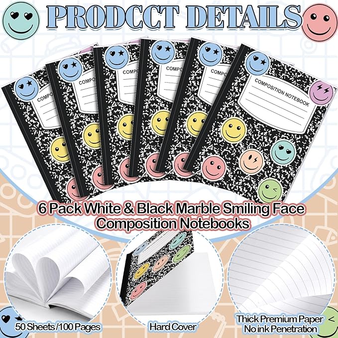Eaasty Composition Notebook Wide Ruled Paper Assorted Marble Aesthetic Composition Notebook 100 Page 7.5" x 9.75" Journal Gift for Back to School First Day of School Students Teacher (6 Pcs,Smile)