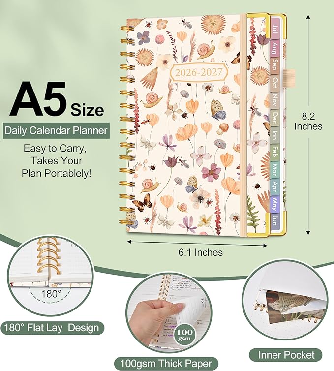 Academic Planner 2026-2027, Hardcover Weekly and Monthly Calendar Planner from July 2026 - June 2027, Daily Agenda Planners with Tabs, College School Organizer for Student Teacher, A5 (6.1" x 8.2"), Insect Garden