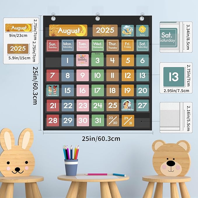 Yoink 46 Pockets Classroom Calendar Pocket Chart with 77 Cards, Daily Monthly Learning Calendar for Circle Time Weather Seasons, Preschool Kindergarten Homeschool Must Have, Teacher Supplies (Black)