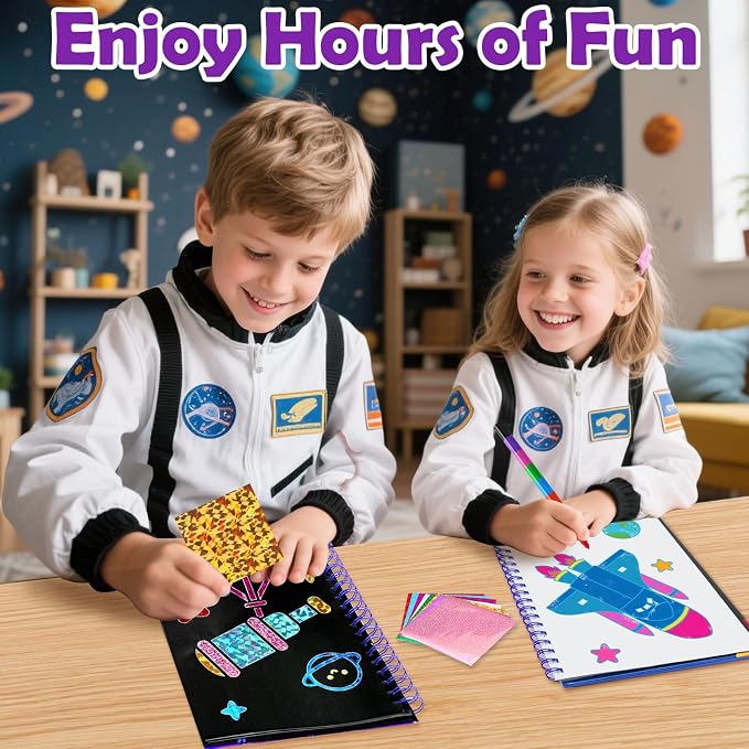FUNNYB&G Foil Art Craft Kit for Boys 4-10 Years Old: Mess-Free & No-Glue, Create 16 Sparkly Space Pictures – Perfect Travel Toy & Birthday Gift for Kids (Space)