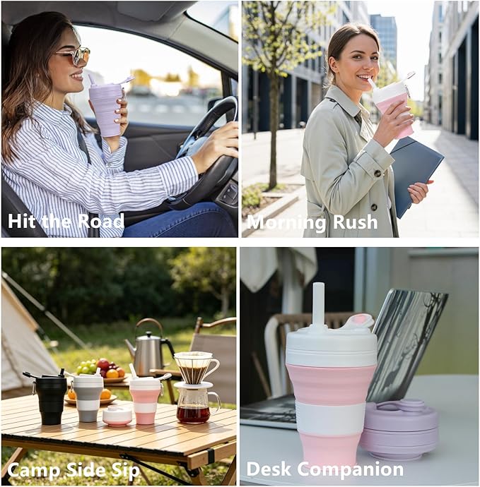 IYYI Collapsible Travel Cup, Silicone Coffee Cup with Lid, 20.3 oz Travel Coffee Mug with Straw, Folding Cup for Hiking Camping Office - Dishwasher Safe (Sakura Pink)