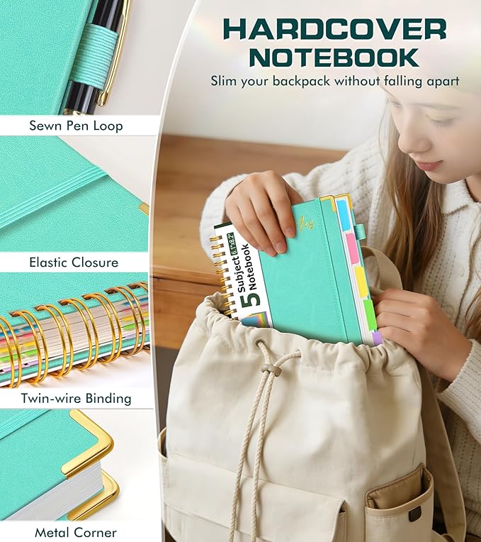 5 Subject Spiral Notebook Journal with Removable Dividers Tabs, 300 Pages Organizer Notebooks for Work School, A5 Hardcover Leather Notebook College Ruled, Lined Journal for Women Men，Aqure