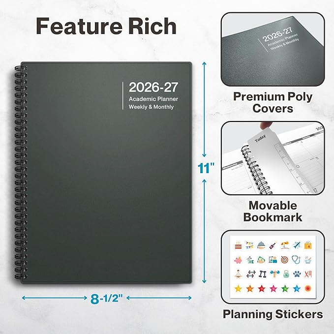 Dunwell Planner 2026-2027 8.5x11, July 2026 to June 2027, Weekly and Monthly Academic Year Planner Calendar, Flexible Cover, Wirebound, Laminated Tabs