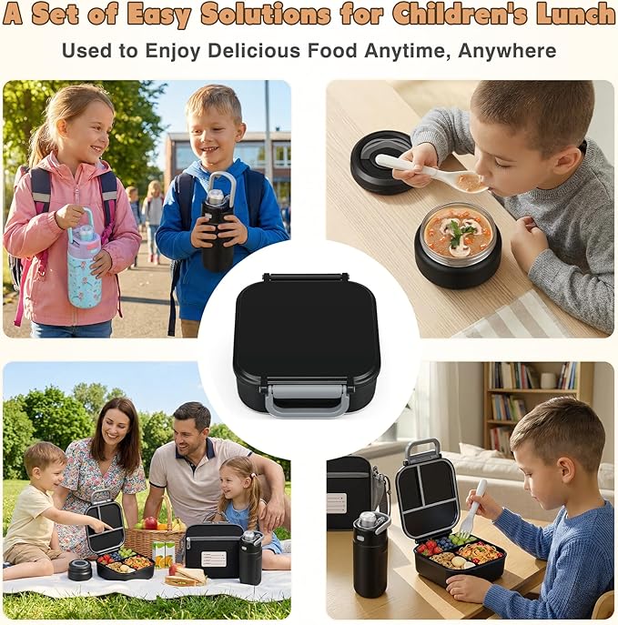 Bento Lunch Box for Kids with 7oz Soup Thermo,Insulated Stainless Steel Kids Water Bottle with Straw and Insulated Lunch Bag,Leak-Proof Lunch Food Container with Ice Pack for School (Black)