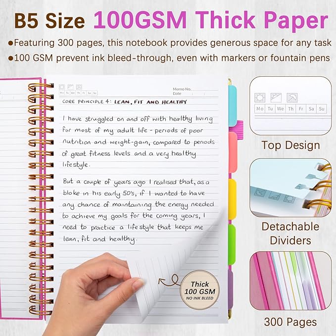 Hardcover Spiral Notebooks for Work 8''x 10'', 300 Pages 5 Subject Notebook with Dividers & Tabs, B5 Spiral Journal for Women, College Ruled Notebooks for School Note-Taking (Rose Purple)