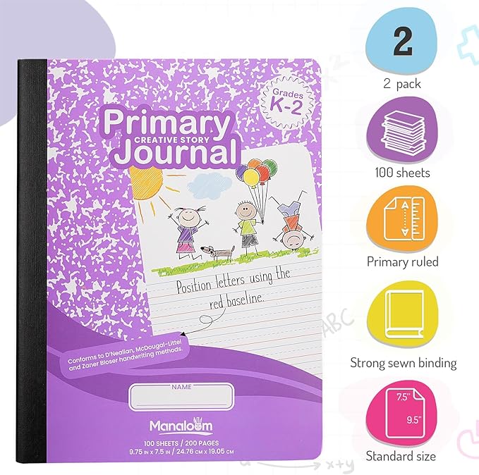 Primary Journal Grades K-2, Preschool, 1st Grade, Kindergarten Notebooks, Primary Ruled Composition Notebooks for Kids - 9.75″ x 7.50″ - Sturdy Covers - 100 Sheets - Assorted Colors - (2 Pack)