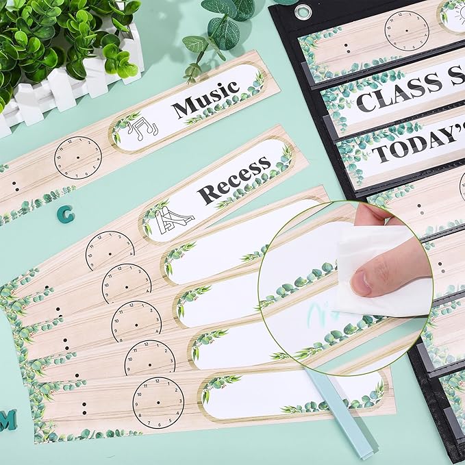 JarThenaAMCS Boho Greenery Daily Schedule Pocket Chart Simply Eucalyptus Leaf Design Classroom Time Charts with 36Pcs Reusable Cards Welcome Back to School Decorations for Home Educational Activity
