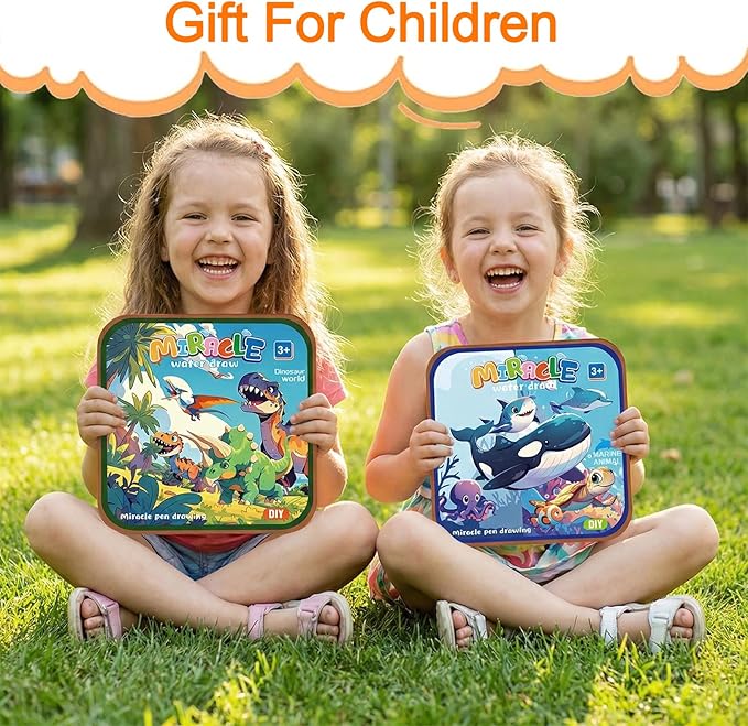 2 Pack Reusable Water Coloring Book for Toddlers,Dinosaur & Marine Themes Magic Water Painting Books Mess-Free Coloring Book with Water Pen for Kids Ages 3+