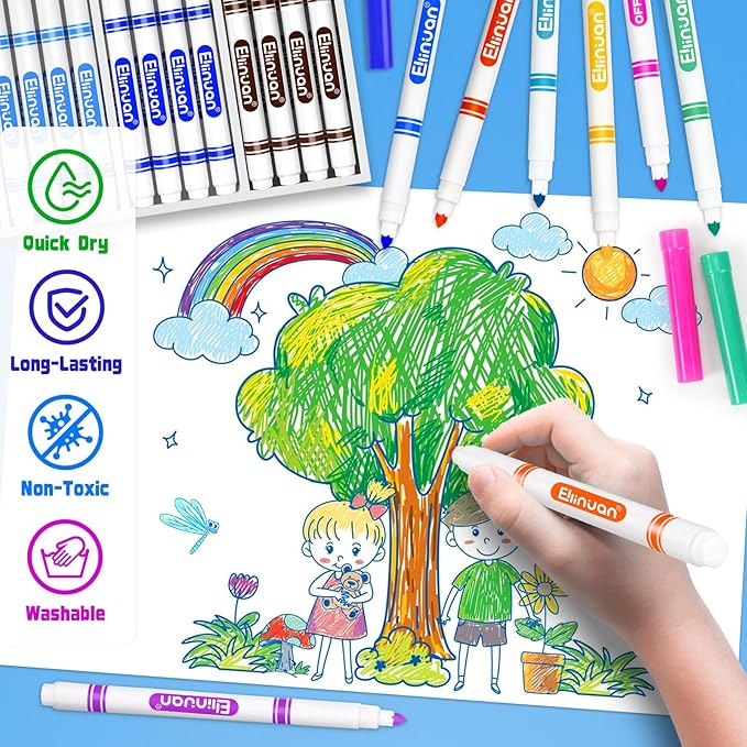 Ellinjan 288 Count Washable Markers Bulk, 12 Assorted Colors, Fine Line Colored Marker with Conical Tip, Washable Markers for Kids, Bulk Marker for Classroom, School Art Supplies for Students Teachers