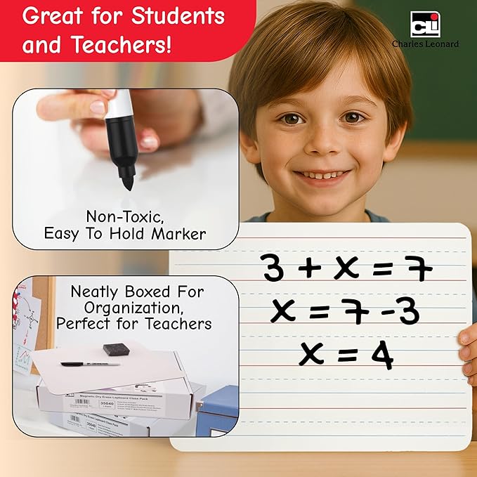 Charles Leonard Dry Erase Board Classroom Pack - Mini Lapboard School Supplies - Includes 12 Each One-Sided Lined Erasable White Boards, 2 Inch Felt Erasers and Black Dry Erase Markers (35025)