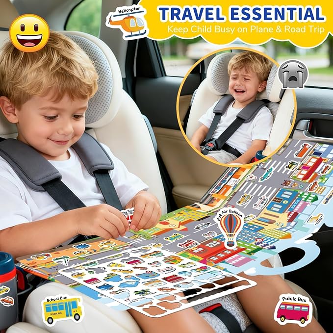 3 Sets Reusable Sticker Book for Toddlers 3-6, Jelly Sticker Books for Toddler, Travel Sticker Activity Toys for Kids 3 4 5 6 Years Old Girls & Boys（Farm + Vehicles + Animal）