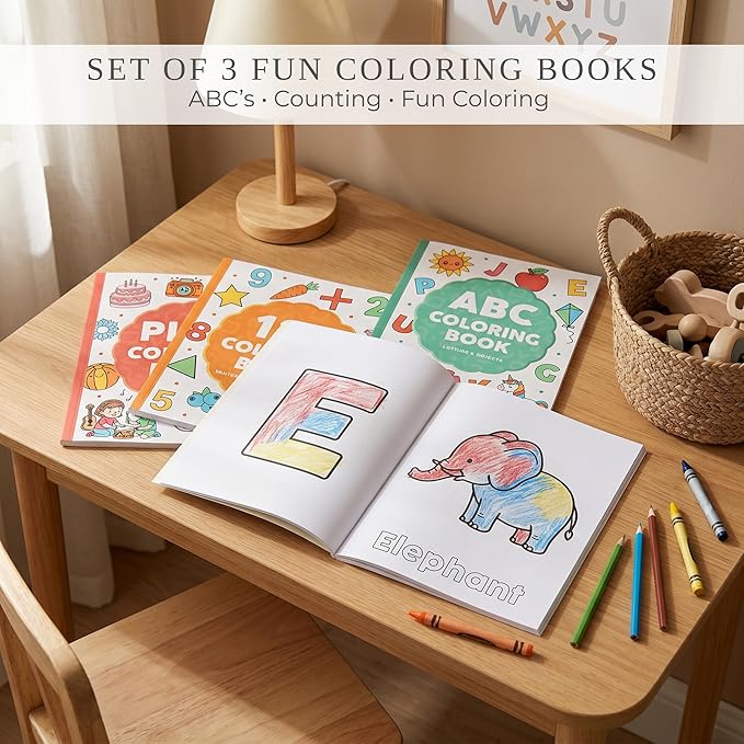 ZICOTO Fun Coloring Book for Kids - Set of 3 Cute Toddler Coloring Books with Big Simple Designs - Educational Activity Book with Themes for Alphabet, Numbers, Colors and Shapes for Boys and Girls