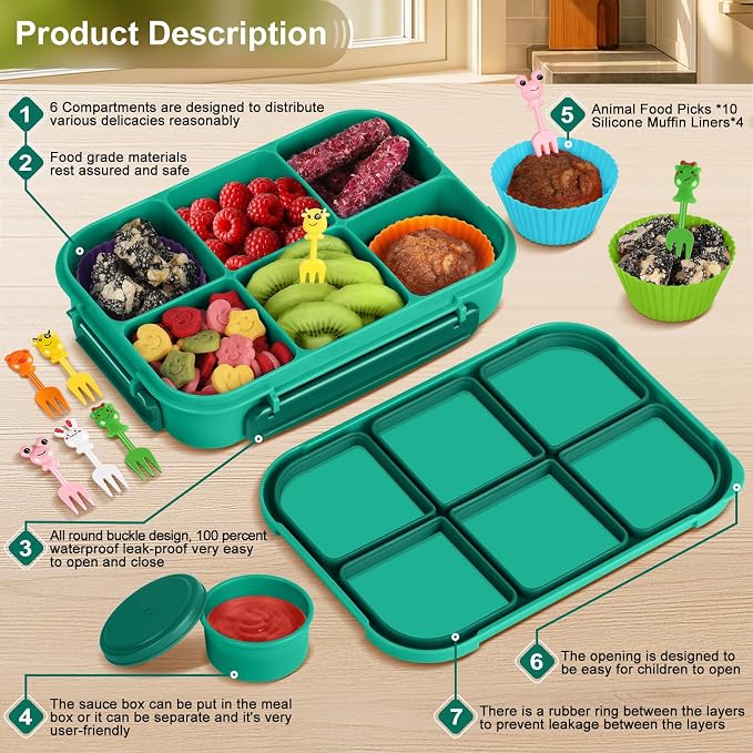 Amathley Lunch Box Kids Girls Boys,Bento Box Adult,Toddler Lunch Containers for School,Leakproof Snack Containers with 6 Compartments,Sauce Container,10 Food Picks and 4 Muffin Cups (Green)