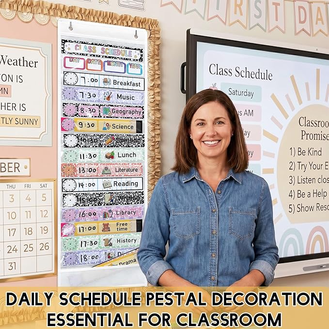 Gueevin Daily Schedule Pocket Chart for Classroom, 15+1 Pockets with 32 Pcs Double-Sided Reusable Cards Daily Schedule Pocket Chart Decor for Classroom School Home Activity Office Supplies(Mix)