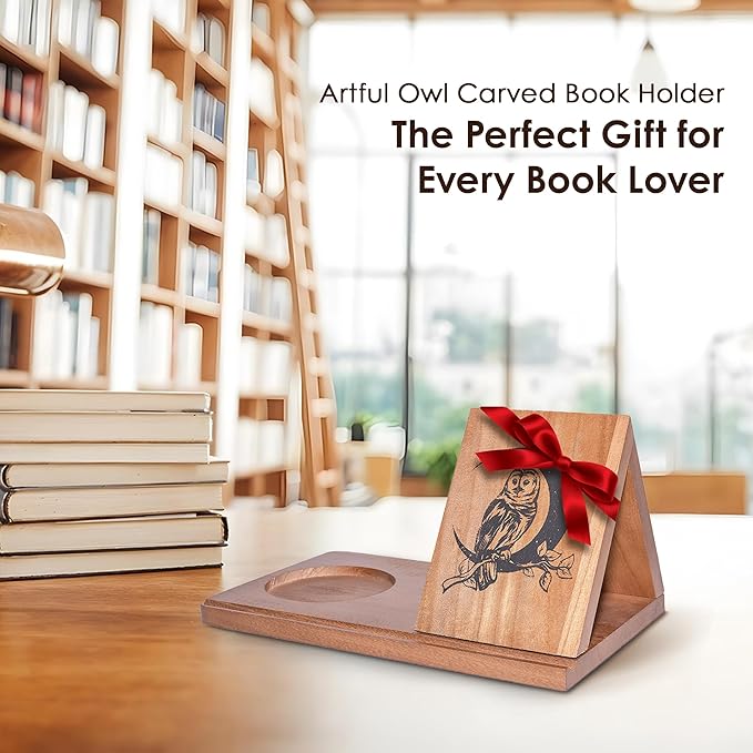 Wooden Triangle Book Stand & Reading Valet – Book Rest with Cup, Phone, Glasses & Pen Holder – Thumb Book Page Holder - Nightstand Book Holder & Gift for Book Lovers, Readers & Bibliophiles