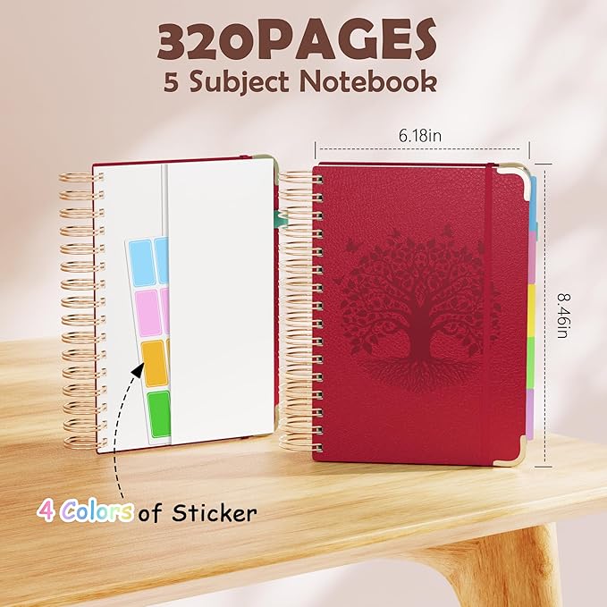 QIYVLOS Hardcover Spiral Notebook, A5 Journal with Removable Dividers Tabs, 5 Subject Notebook College Ruled, 320 Pages 6"x8" Leather Notebooks for Work School Study, Lined Journal for Women, Red