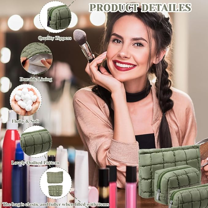 Huhumy 3 Pcs Puffy Makeup Bag Quilted Cosmetic Pouch for Women Cute Checkered Travel Toiletry Bag Puffer Makeup Organizer Purse Pouch Preppy Pencil Case with Zipper(Green)