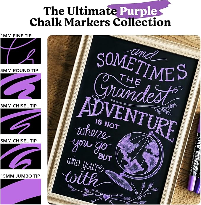 Chalkola 6 Purple Chalk Markers - Dual tip, Fine & Jumbo Tip (1mm, 3mm, 5mm, 15mm) | Erasable Liquid Chalk Pens for Blackboard, Chalkboard Signs, Car Window, Bistro, Glass | Washable Markers