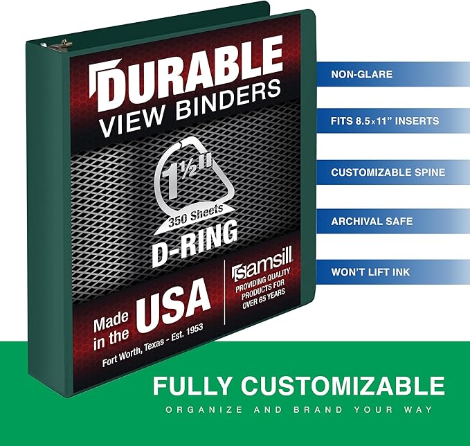 Samsill Durable 1.5 Inch Binder, D Ring Binder, Customizable Clear View Cover, Forest Green, Holds 350 Pages