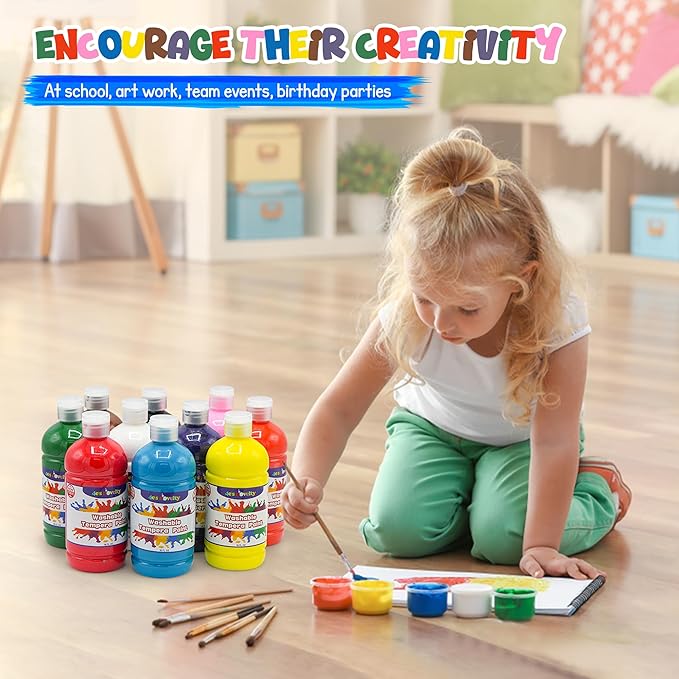 4E's Novelty 16oz Washable Tempera Paint Set for Kids – 10 Bright Colors – 16oz Bottles – Non Toxic Washable Paint for Crafts, Teacher Classroom Must Have, Arts & Craft Supplies