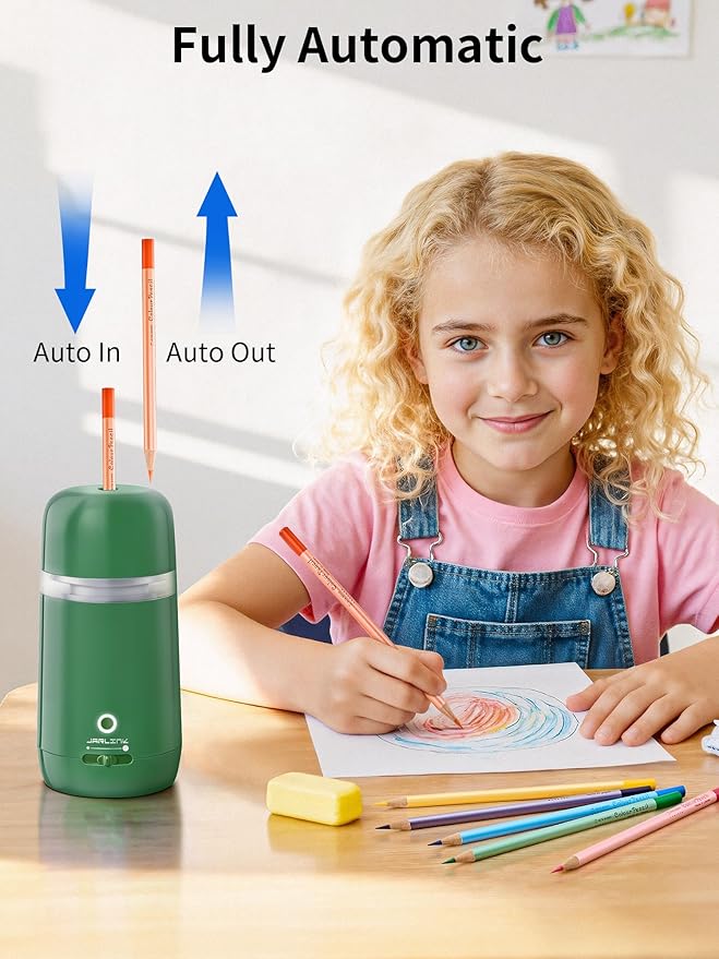 JARLINK Automatic Electric Pencil Sharpener - Hands-Free Operation, 3 Sharpness Modes, 3-Second Sharpening, Rechargeable & Portable for 7-12mm Pencils, Ideal for Classroom and Home Use (Green)