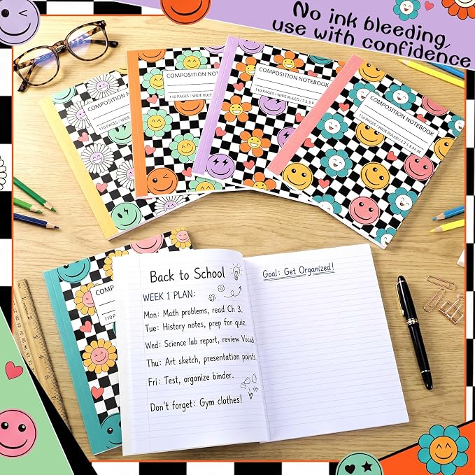 Fullhawl 6 Pcs Composition Notebook Wide Ruled Cute Preppy Black White Checkered Aesthetic Notebook for Back to School 110 Page 9-3/4 x 7-1/2" Journal Gift for First Day of School, Student, Teacher