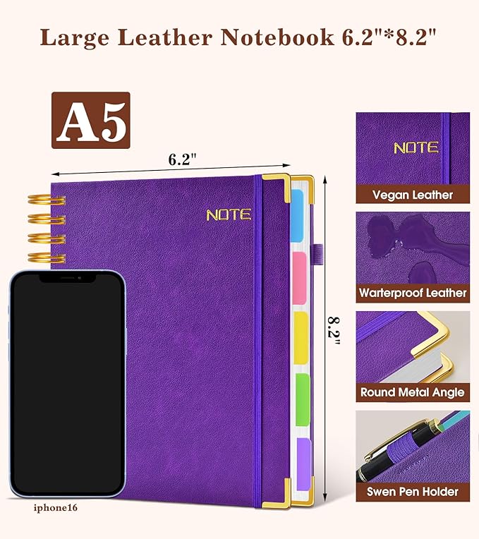 Hardcover Spiral Notebook with Removable Dividers Tabs, 300 pages Leather 5 Subject Notebook College Ruled, 6.2" x 8.2" Journal for Women Men, Small Notebooks for Work School Note taking,A5 Purple