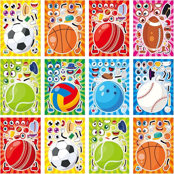 24 Sheets 8.27''×5.9'' Make Your Own Sport Ball Stickers for Kids Toddlers, Make a Face Stickers for Kids Party Favors Activities