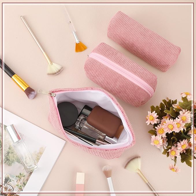 Huhumy 3 Pcs Makeup Bag Set for Women Corduroy Cosmetic Pouch Aesthetic Smile Travel Toiletry Bag Cute Purse Pouch Pencil Case Makeup Brushes Storage Organizer with Zipper(Pink,Solid Style)