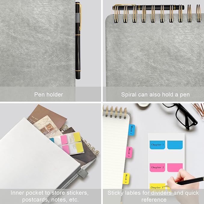 A5 Top Spiral Notebook, Large Leather Hardcover Top Bound Steno Pads, 240 Pages 100 gsm Thick Lined Paper Left Handed Notebook Journal for Work, School, Meeting Writing - Gray, 5.9" x 8.5"
