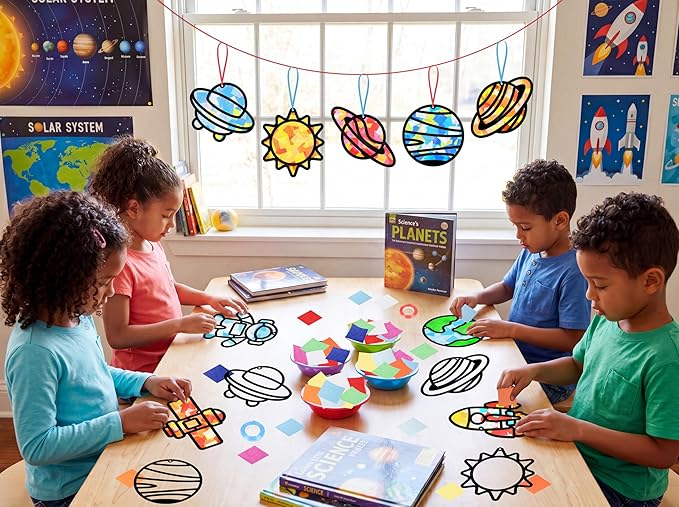 Renbuzhu 48PCS Solar System Space Paper Suncatchers DIY Project Kits, Back to School Window Stained Glass Effect Art Supplies for Party